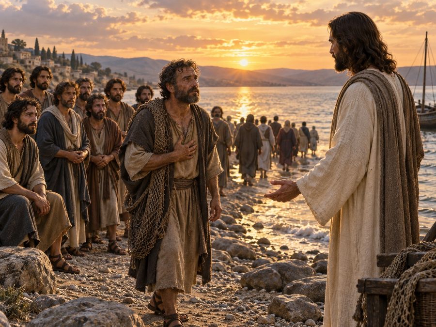 Peter stepping forward on the lakeshore toward Jesus as other followers walk away at sunset